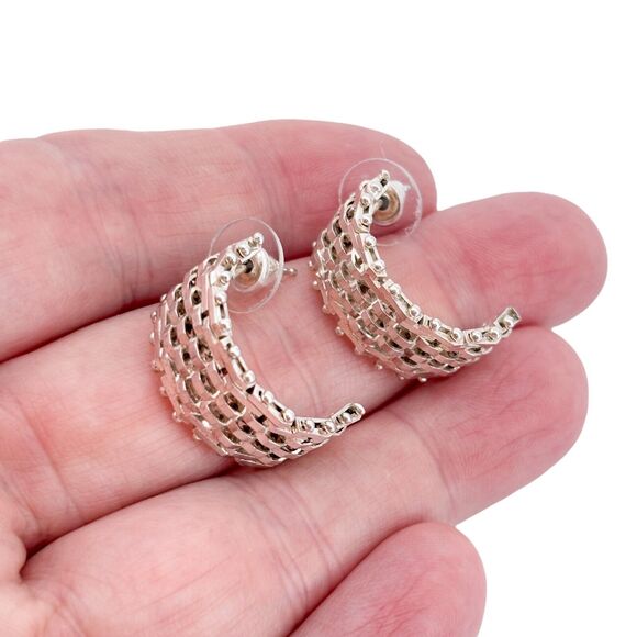 Sterling Silver 925 2.2cm Woven Textured Half Hoop Earrings - Picture 1 of 7